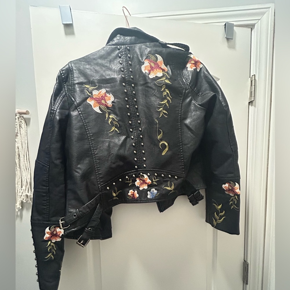 Floral pleather jacket with asymmetrical zipper